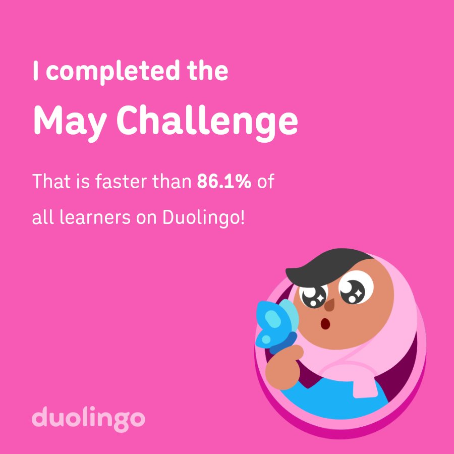 TumeloMwaba's tweet photo. I completed the May challenge faster than 86.1% of all learners on Duolingo! https://t.co/AL9QlcpiFf