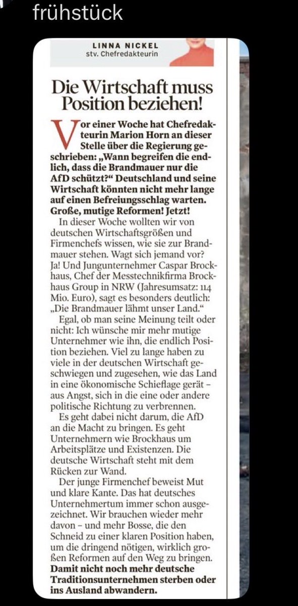 schieritz's tweet photo. In welchem politischen Paralleluniversum muss man unterwegs sein um zu glauben, dass die Abschaffung der Brandmauer „wirklich große Reformen“ bringen würde? https://t.co/8k23jiydrb