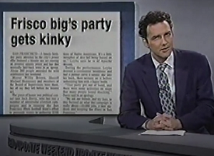 NormSNLJokes's tweet photo. In San Francisco last week, a birthday party for one of the area's leading political figures - attended by the city's Mayor, Sheriff, and members of the board of supervisors - culminated with a performance in which a dominatrix used a razor blade to carve a satanic star into the back of her male partner, then urinated on him, before finally sodomizing the man with a liquor bottle.

After learning of the incident from press reports, San Franciscans expressed shock and outrage that the liquor bottle was not recycled.