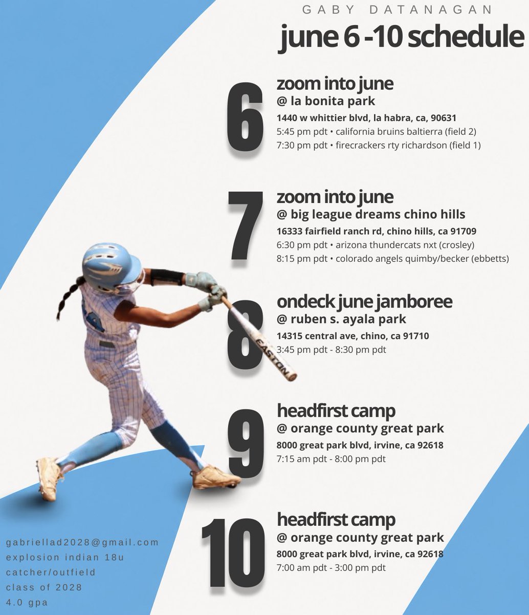 gabydatanagan28's tweet photo. June 6-10 schedule! Excited to ball; hope to see you at the fields ☀️ https://t.co/zJGppQrju3