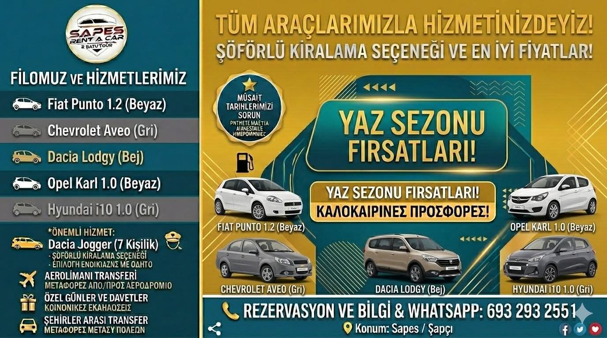 muminhasan1's tweet photo. 🚗 Yaz Sezonu Fırsatları Başladı! ☀️

Geniş araç filomuz ve şoförlü kiralama seçeneğimizle hizmetinizdeyiz.

📞 İletişim &amp; WhatsApp: 693 293 2551

#sapesrentacar #arackiralamasapci #arackiralamadedeagac #arackiralamagumulcine #soforlukiralamasapci https://t.co/j9FzbHfeBY