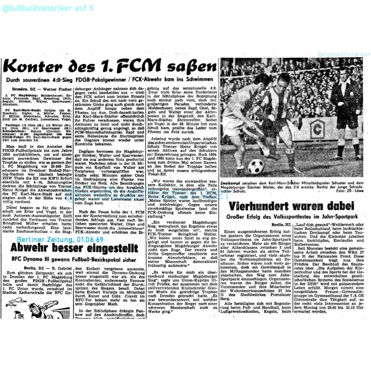 FussballDdr's tweet photo. 📌 31.05.1969

Ein Rekord fällt im Finale
#1FCMagdeburg gewinnt mit 4:0 gegen @ChemnitzerFC und holt den #FDGB-Pokal

Der dritte Erfolg bringt früh die Spitzenstellung im Wettbewerb

Mit dem klaren Sieg stellt Magdeburg den Rekord für den höchsten Endspielsieg ein

Schon 1969 ist der Club damit Rekordpokalsieger – und bleibt es dauerhaft

– Dominanz, die Geschichte schreibt

#DDRFußballkalender #FDGBPokal #1FCMagdeburg