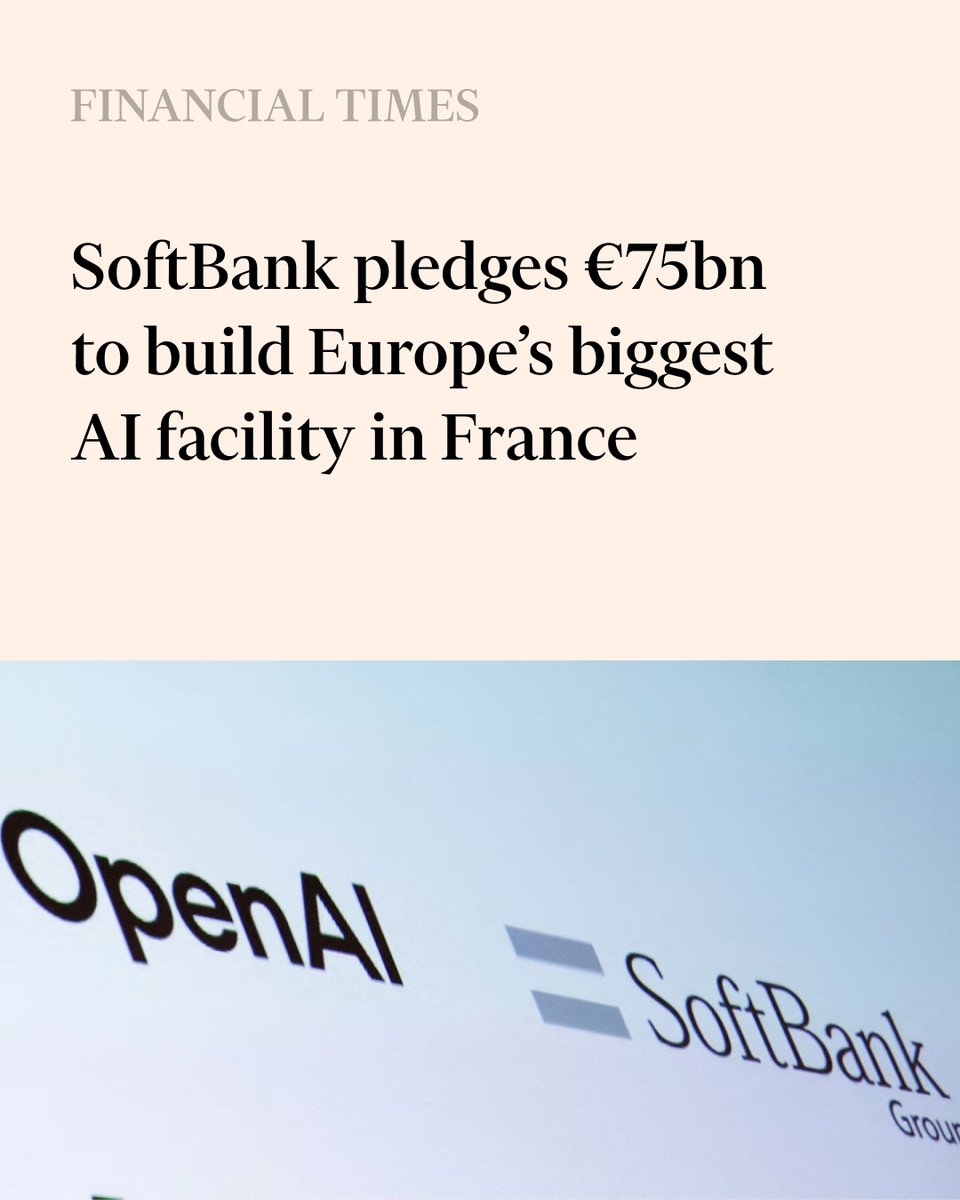 FT's tweet photo. SoftBank’s commitment marks the largest AI investment by Masayoshi Son’s group outside the US and delivers a boost to Emmanuel Macron ahead of the French president’s Choose France event next week, an annual gathering of dealmakers and executives. 

https://t.co/9GWbpHUCbu https://t.co/3IWvkRbnO1