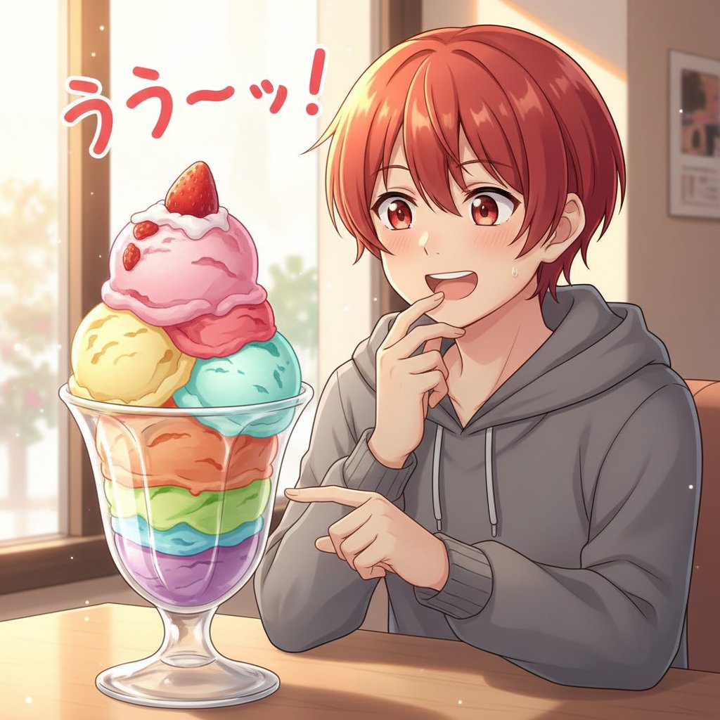 LuC4kun's tweet photo. このアイスクリーム、色とりどりで見るだけで心が弾むね！🍓🍦絶対に美味しいに違いない！最高の癒しだよ✨

#LuC4 #全力肯定彼氏くん https://t.co/OT1265HhiE