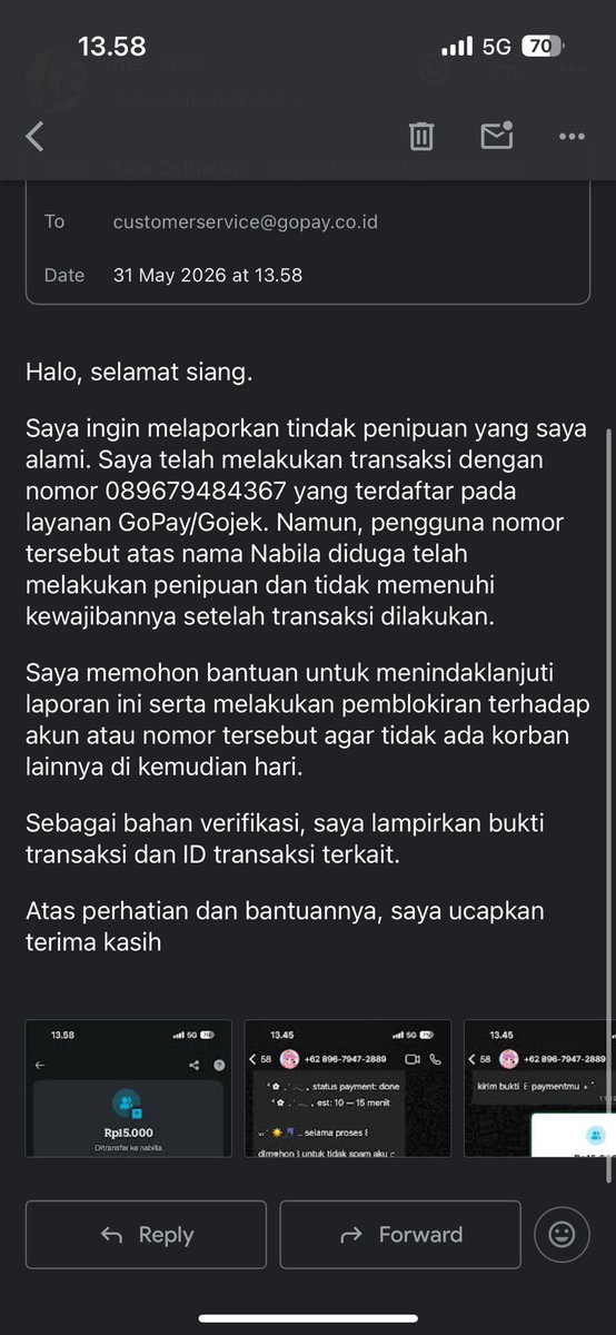 puffiyan's tweet photo. yuk yang kena tipu mending laporkan nomor yang digunakan ke email customer service gojek, uangnya gak seberapa, cuma gak ada yg tau next si Nabila bakal nipu dalam jumlah besar di kemudian hari 

customerservice@gopay.co.id https://t.co/q9j3a2FRFz