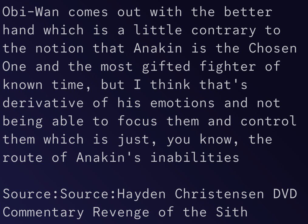 eazybugboy's tweet photo. @_PeyriDoherty @anakinsdream He only lost to Obi Wan contextually, George and a bunch of other narrative statements made it apparent that he lost circumstantially. To the environment, being mentally conflicted with rage and emotions, over confident, and not fighting like his usual self when Obi wan arrived. https://t.co/ewdoOQSn4j