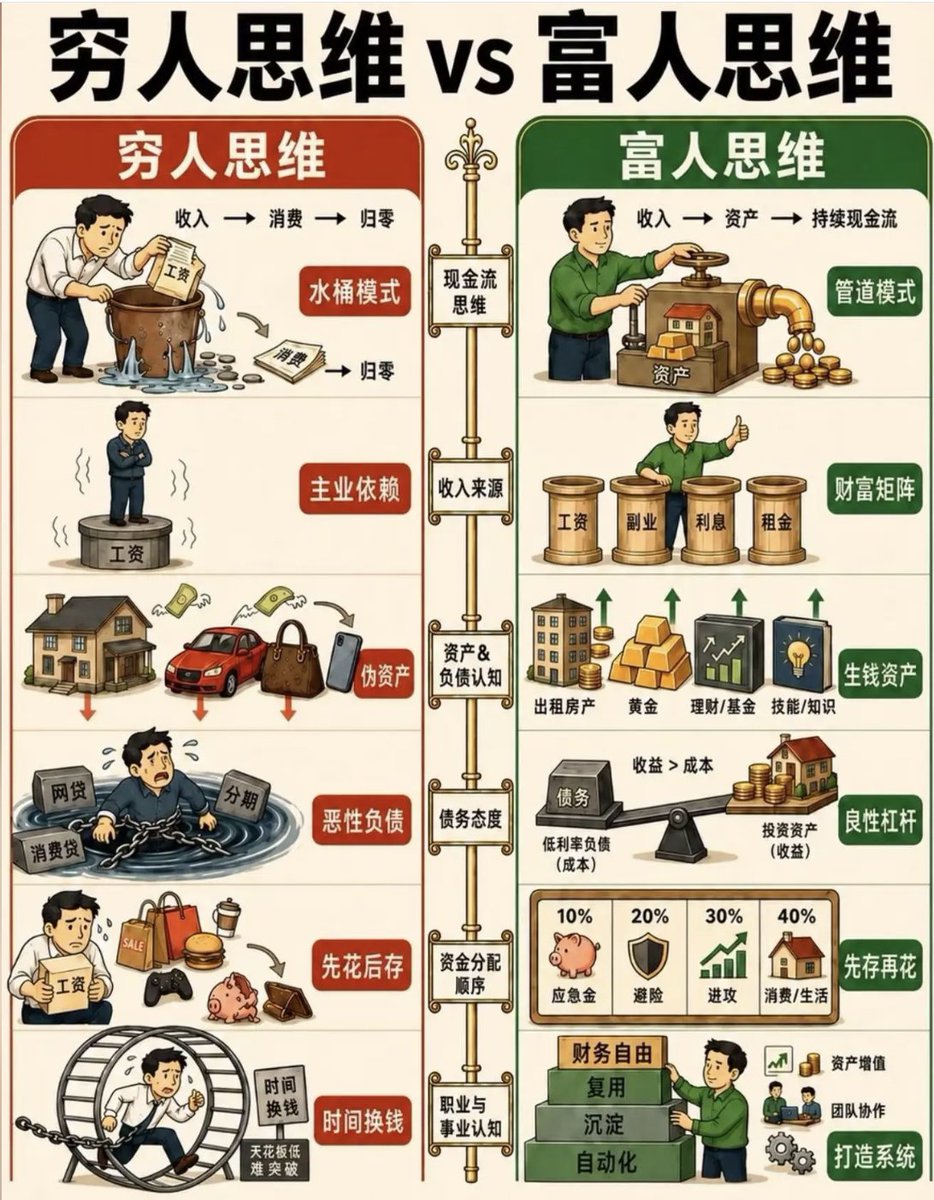 LuBtc888's tweet photo. 一张图看懂：穷人思维 VS 富人思维

如果图里的毛病你还不改过来，永远都只会是穷人。 https://t.co/fdX9T3AAuj