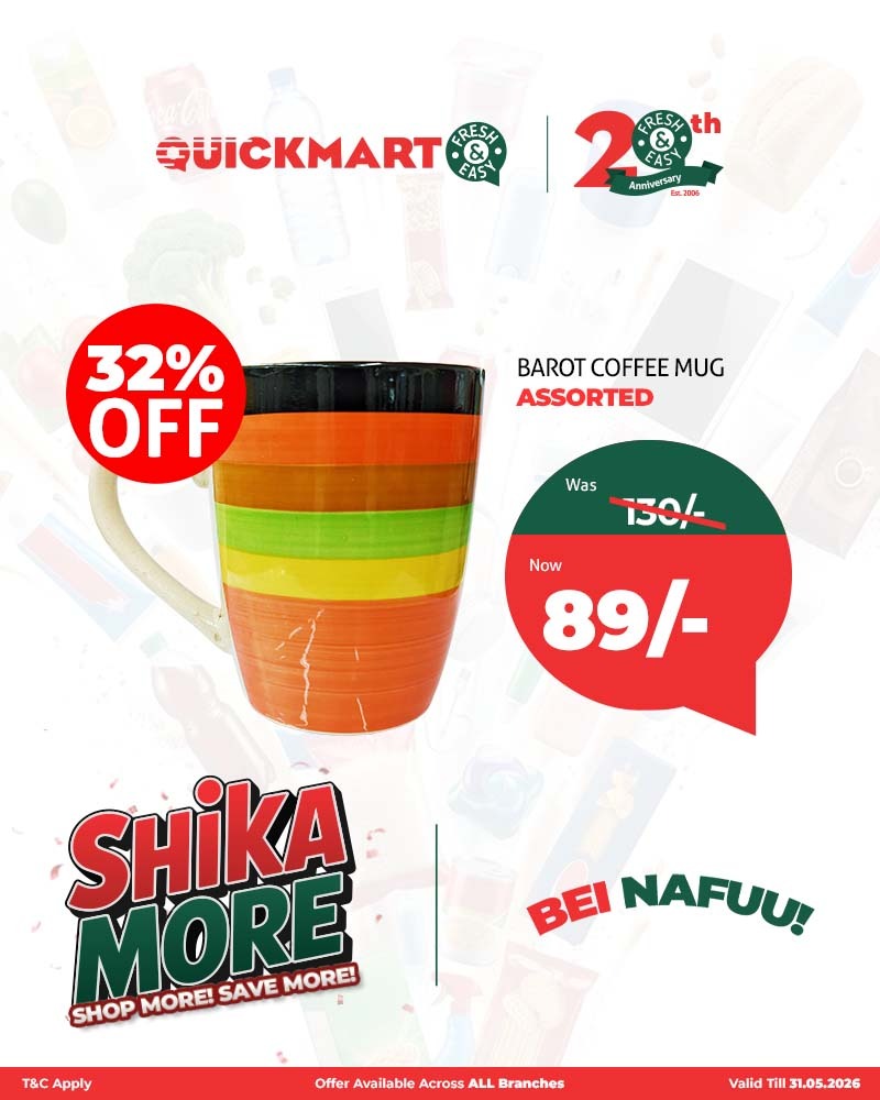 mufasaa_254's tweet photo. Add a pop of colour to your kitchen dishware collection with the Barot Coffee Mug Assorted which is currently on promotion for a tiny price of just Ksh. 89. #Quickmart68 Bei Nafuu #FreshAndEasy https://t.co/wOZkEmIwmn