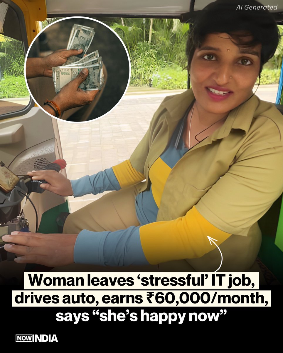 thenowindia's tweet photo. Woman leaves ‘stressful’ IT job, drives auto, earns ₹60,000/month, says “she’s happy now”

#NowIndia #India #ViralStory #ITJob #CorporateLife #AutoRickshaw #WorkLifeBalance https://t.co/o6AB5aI8Sh