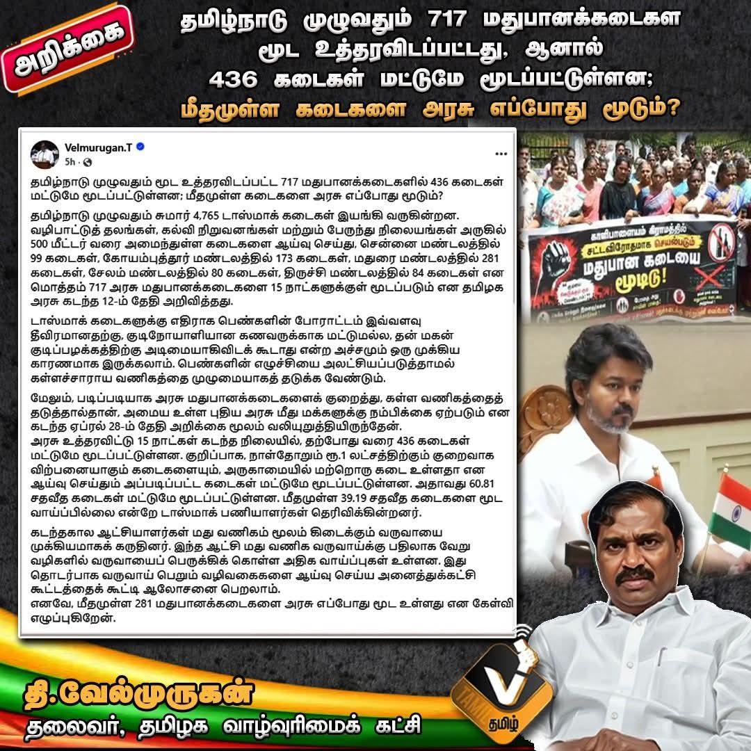 Thiruna21766795's tweet photo. தமிழகம் முழுவதும் 717 டாஸ்மாக் கடைகளை மூட அரசு உத்தரவிட்டுள்ள நிலையில் 436கடைகள் மட்டுமே மூடப்பட்டுள்ளது மீதமுள்ள கடைகளை அரசு எப்போது மூடும்?
#vtamil #velmurugan #tvk #vijay #CMsir #TASMAC #TamilNadu #LiquorShops #TASMACClosure #TamilNaduGovernment #PublicInterest #SocialJustice https://t.co/BGatT5vrwQ