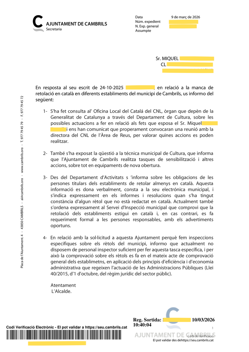 miqu3lm0la's tweet photo. L'Ajuntament de Cambrils confessa per escrit que NO té personal per a inspeccionar el compliment de la Llei de Política Lingüística als comerços. Exempció legal per inacció?

Avui obro un nou front. 👇 https://t.co/1uIJivmqNs