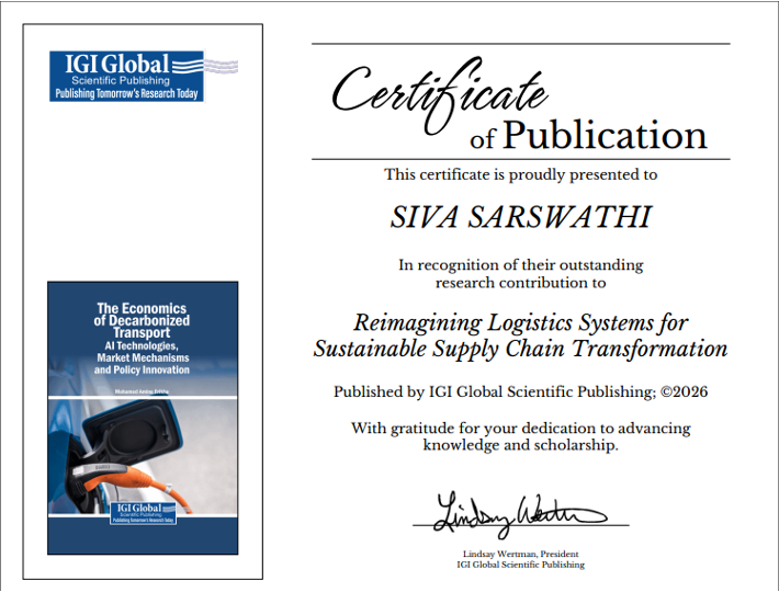 SSMSIMATS's tweet photo. 🎉 Congratulations to Ms. Siva Saraswathi, II Year MBA Student, on publishing her book chapter with IGI Global Scientific Publishing on sustainable supply chain transformation! 📘✨ #SSM #ResearchExcellence https://t.co/4h0RLXkrEr