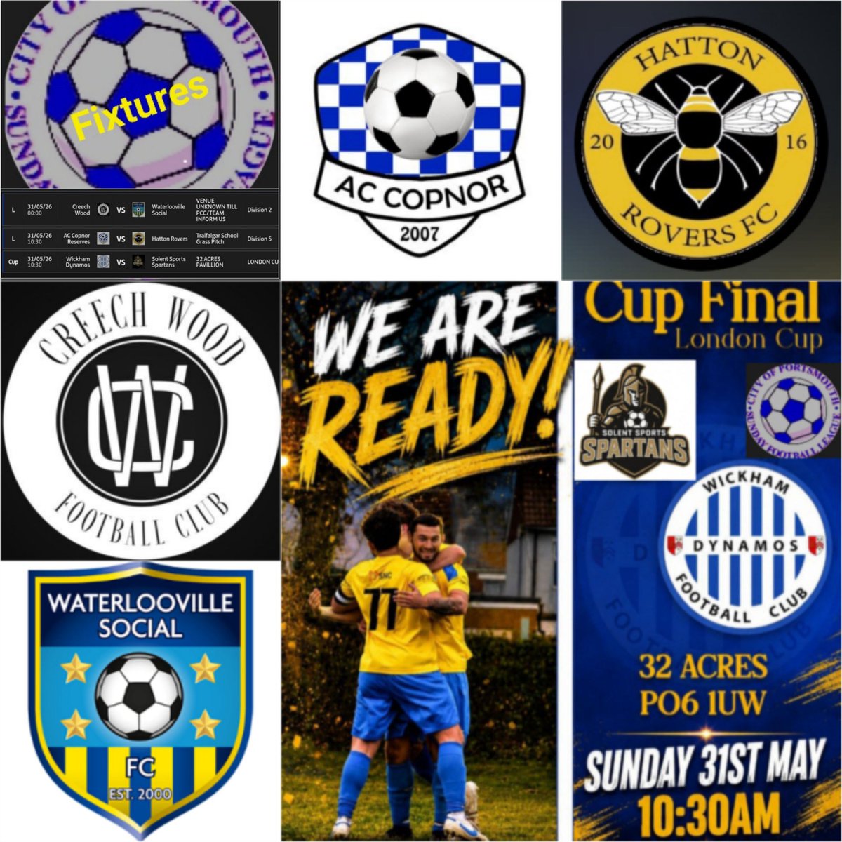Pompey_Football's tweet photo. ⚽️ Sunday Fixtures ⚽️
    @the_portsmouth

Last day of the season .. and still all to play for in the #London 🏆 Final between @ClubWickham v @SolentSports #Spartans .. KO10.30am at #32Acres 👏

Whilst we may get a game at @TrafalgarSch in D5 .. but unsure in D2 .. #allthebest 👍 https://t.co/h4nbkuzJA6