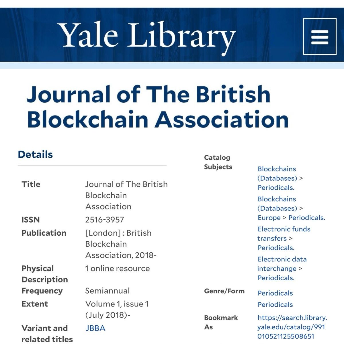Brit_blockchain's tweet photo. 🇺🇸 We are pleased to share that The JBBA has been added to the catalogue of @Yale University Library. 

🏛️ Founded in 1701, Yale is the third-oldest institution of higher education in the United States. 

🎓As of 2026, 72 Nobel laureates, 5 Fields medalists, 4 Abel Prize laureates, and 3 Turing Award winners have been affiliated with Yale University. Yale alumni include 5 U.S. presidents. 

#JBBA #Blockchain #University @yalelibrary