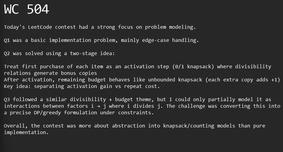 nulllkomalll's tweet photo. Today's Leetcode Contest summary: WC 504

here's how i approach q1(easy), q2(med done), q3(partially) https://t.co/nYxbpq7LAu