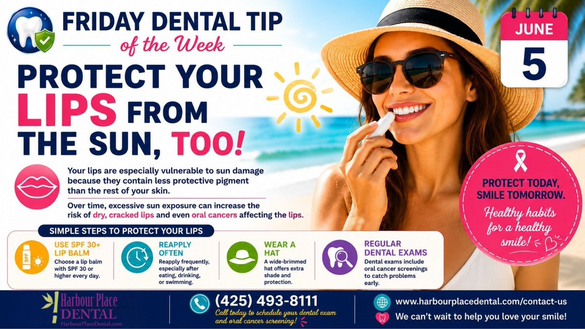 HarbourPlDental's tweet photo. 🦷 Friday Dental Tip of the Week ☀️

Don't forget your lips! Use SPF lip balm, wear a hat &amp; protect your smile from sun damage this summer.

📞 (425) 493-8111
🌐 https://t.co/SAWKgt0dlk
#SunSafety #DentalTips #HarbourPlaceDental https://t.co/M8Lpt3wG98