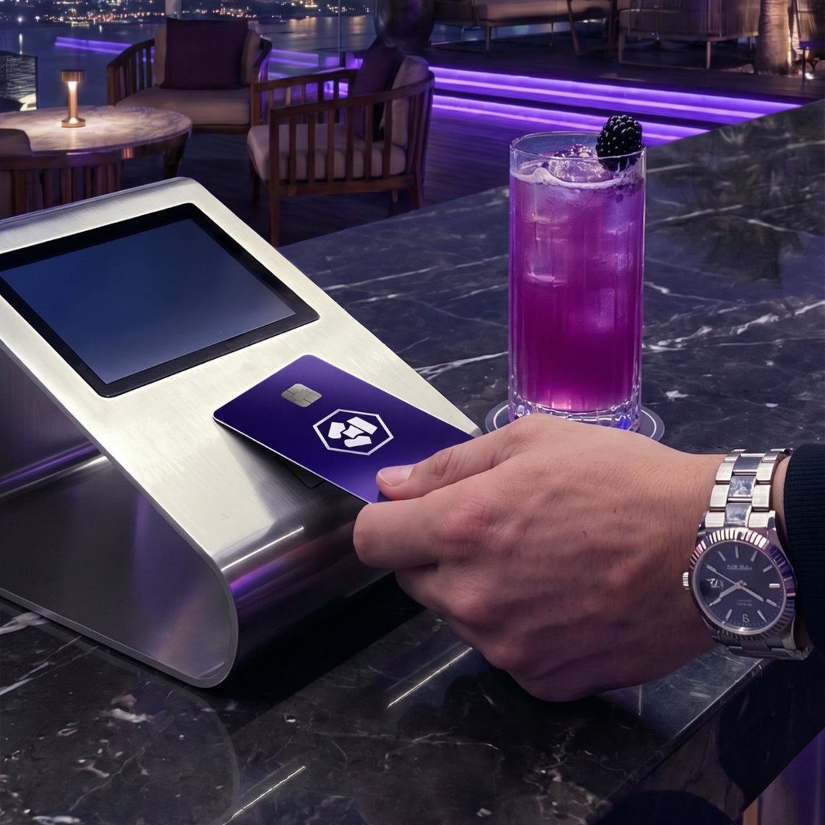 cryptocom's tweet photo. The card that closes tabs and opens doors. 

Up to 5% back on every round, zero FX fees, and airport lounge access on the house. https://t.co/VjlAC4tRc1