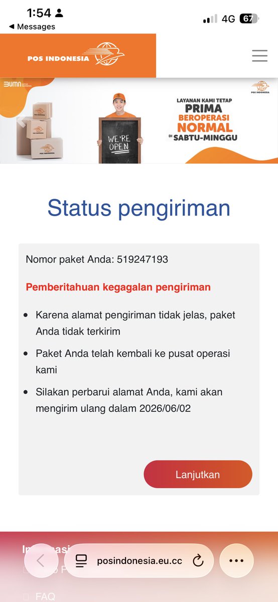 ddablelyn's tweet photo. ‼️ HATI HATI PENIPUAN ‼️

barusan banget dapet sms yang mengatasnamakan Pos Indonesia tapi waktu dibuka websitenya, logonya malah J&amp;T (slide 3)🙂. ini website scamnya (https://t.co/P2p9DZqZp8)

tag: @PosIndonesia @jntexpressid https://t.co/rfVpH3IH3f