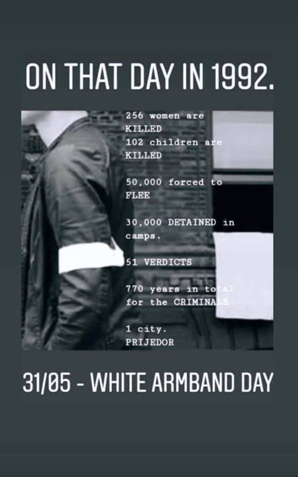 NedadMemic's tweet photo. Today, we commemorate the #WhiteArmbandDay remembering the beginning of an unprecedented ethnic cleansing campaign against the Bosniak and Croat population of Bosnia's Prijedor perpetrated by local Serb nationalist authorities. 3,176 persons were killed, among them 102 children. https://t.co/RsVejxsPyJ
