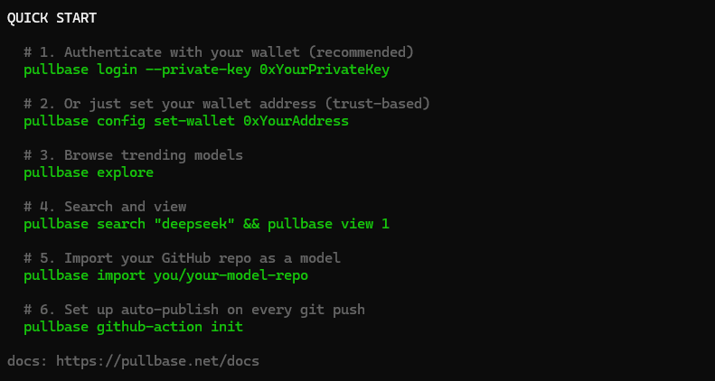 Pullbase_net's tweet photo. Seven new commands built around real ownership, not just wallet addresses.

What's new:

SIWE Auth pullbase login --private-key 0x… signs a challenge with your private key (EIP-4361). Your key never touches disk. Only a 7-day session token is stored locally.

Dataset versioning pullbase datasets versions <id> shows the full version history of any dataset. Every release, every changelog, on-chain verifiable.

Native IPFS support pullbase ipfs add <file>, pin, peers, status. Talk directly to your local IPFS node. No middleman.

GitHub Actions pullbase github-action init generates a ready-to-use workflow. Push to main → model auto-publishes to PullBase. One command, zero manual steps.

Token info pullbase staking shows the $PULB contract, planned utility (pinning credits, search boost, governance), and roadmap.

Self-update pullbase update pulls the latest version from npm. --check to preview without installing.