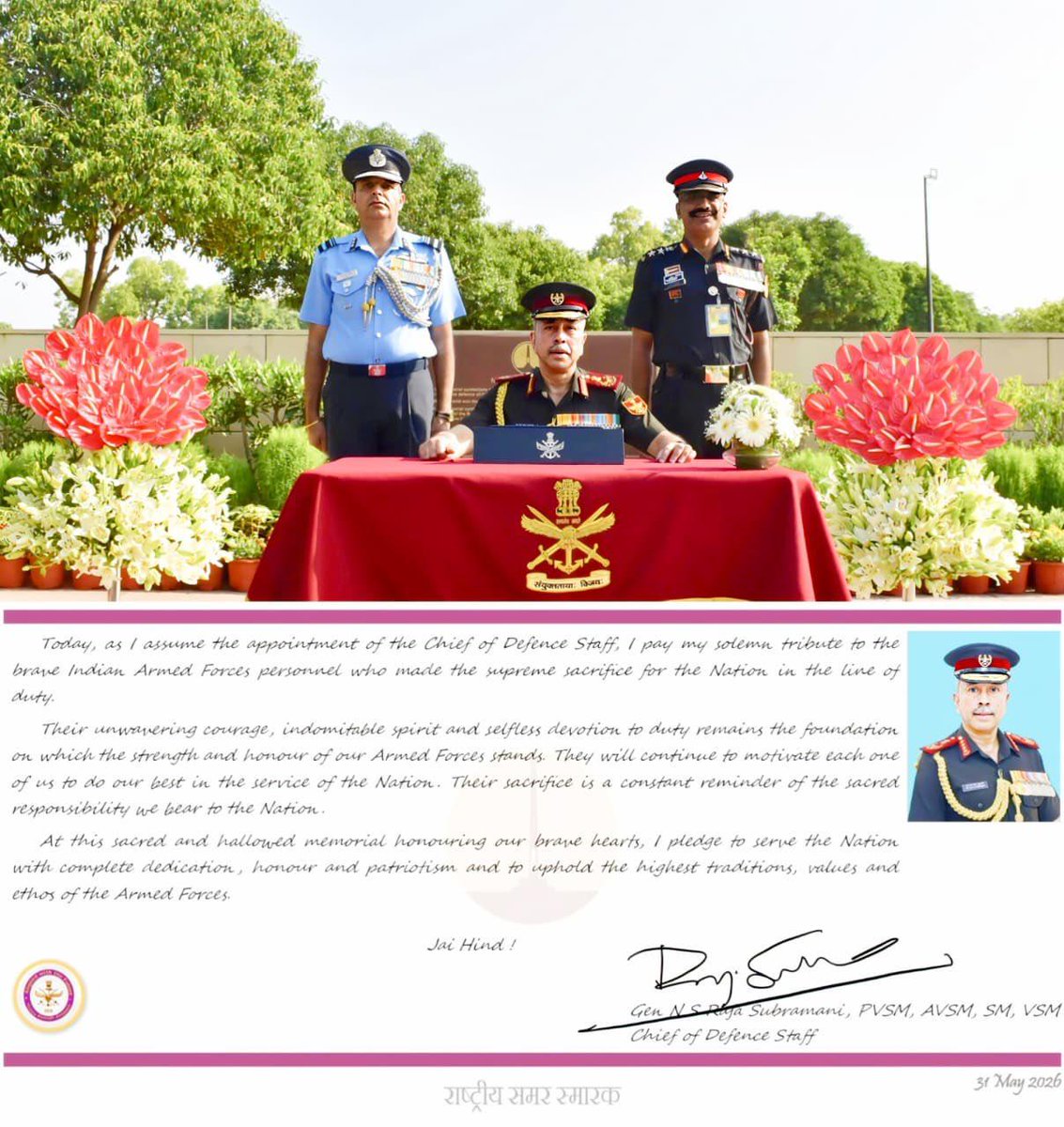 IAF_MCC's tweet photo. All Air Warriors of the #IndianAirForce extend warm greetings and best wishes to General NS Raja Subramani, PVSM, AVSM, SM, VSM on assuming charge as the Chief of Defence Staff and Secretary, Department of Military Affairs.
#Leadership
#CDS
#InspiringGenerations
@DefenceMinIndia
@SpokespersonMoD
@HQ_IDS_India
@adgpi
@indiannavy
@CareerinIAF