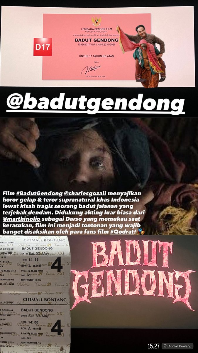 ramenow's tweet photo. Film #BadutGendong @CharlesGozali menyajikan horor gelap & teror supranatural khas Indonesia lewat kisah tragis seorang badut jalanan yang terjebak dendam. Didukung akting luar biasa dari @marthinolio_ sebagai #Darso yang memukau saat kerasukan, film ini menjadi tontonan yang wajib banget disaksikan fans film #Qodrat!🎭
#MovieReview #UniverseQodrat #CitimallBontang @MAGMAEnt @cinema21