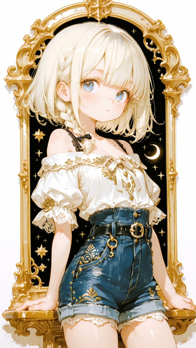 AliceLavli's tweet photo. 衣装が被ってきたかもだけど、オフショルダーにデニムのプロンプトをどうぞ✨
deep navy blue, white and antique gold color scheme, white off shoulder blouse, wide off shoulder neckline, delicate white floral lace neckline trim, scalloped lace edge, gathered neckline, short puff sleeves, white floral lace sleeve cuffs, black lace shoulder straps visible beneath blouse, small white ribbon bow at center chest, vertical front placket, decorative antique gold buttons, fitted silhouette, deep navy blue high waist denim shorts, dark indigo denim fabric, distressed wash details, rolled hem shorts, black lace trim peeking beneath hem, wide corset style waistband, black and navy waist panel, ornate antique gold floral embroidery across waistband, pockets and hems, decorative gold leaf motifs, matching embroidered pocket details, high waist belt with antique gold crescent moon buckle, contrast gold stitching, elegant coquette fashion, vintage aristocratic aesthetic, refined feminine style
