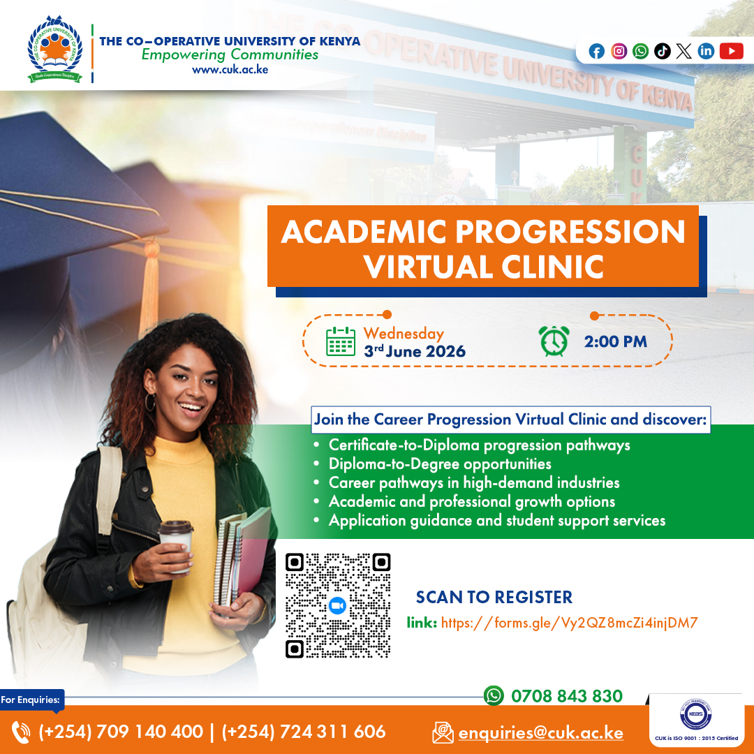 CoopVarsityKE's tweet photo. 🚀 Ready to take the next step in your academic journey at @CoopVarsityKE?

Join our 𝗩𝗶𝗿𝘁𝘂𝗮𝗹/𝗢𝗻𝗹𝗶𝗻𝗲 𝗔𝗰𝗮𝗱𝗲𝗺𝗶𝗰 𝗣𝗿𝗼𝗴𝗿𝗲𝘀𝘀𝗶𝗼𝗻 𝗖𝗹𝗶𝗻𝗶𝗰 on 𝗪𝗲𝗱𝗻𝗲𝘀𝗱𝗮𝘆, 𝟯𝗿𝗱 𝗝𝘂𝗻𝗲 𝟮𝟬𝟮𝟲, at 𝟮:𝟬𝟬 𝗣.𝗠. and explore progression pathways, career opportunities, student support, and more.

🎓 Certificate to Diploma
🎓 Diploma to Degree
🎓 Career growth in high-demand industries

✅ Scan the QR code or use the link https://t.co/IGCsLb7vgN to 𝗥𝗘𝗚𝗜𝗦𝗧𝗘𝗥 𝗡𝗢𝗪 and secure your spot today!
#EmpoweringCommunities #AcademicProgressionClinic
