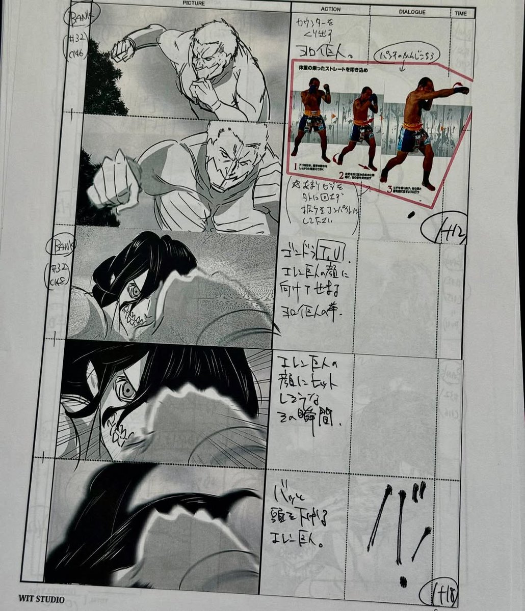 Aot6262's tweet photo. The storyboard for Season 2 Episode 7 drawn by Takayuki Hirao, includes reference images of a boxer to help the animators draw Reiner's punch. https://t.co/k8RdoeGG99