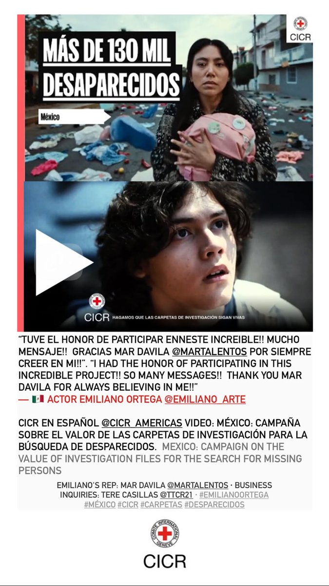 talentmundo's tweet photo. “Tuve el Honor de participar en este increible proyecto!! Mucho mensaje!! Gracias Mar Davila https://t.co/laX8B2ceKt por siempre creer en mi!!”
— 🇲🇽Emiliano Ortega @_emilianoortega

CICR @cicr_es VIDEO: https://t.co/jyTkWbxIAx
#emilianoortega #méxico #CICR #carpetas #desparecidos https://t.co/nJvAbkSid4
