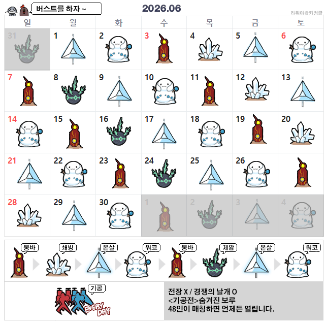 chibisaru00's tweet photo. 2026. 6월 전장 달력입니다!  #전장달력
기존 봉-쇄-온-제 4 로테이션/병행 워코치테(매일) 에서 
7.5 패치> 4월 28일부터 봉-쇄-온-워-봉-제-온-워 로테로 변경 됩니다.
기공전은 48인이 모인다면 언제나 열수 있습니다. https://t.co/51d9kExUPx