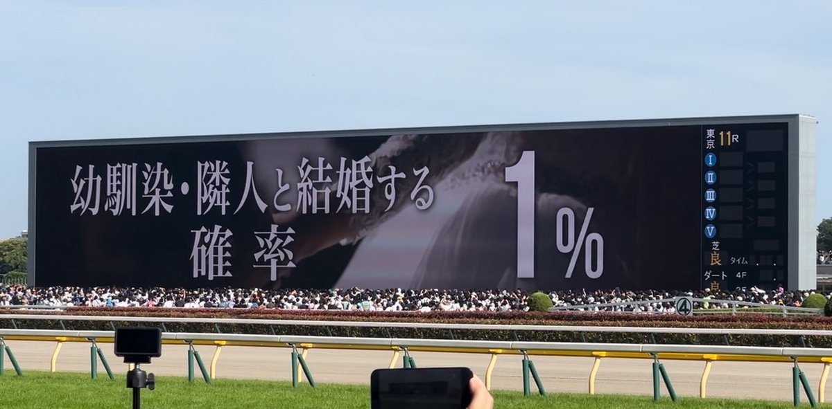 hacchinkitchens's tweet photo. 日本ダービー、ロブチェン強かったですね〜🏇
いつもＧ１スタート前、大型ビジョンに流れる映像です📺
今年のダービー前に流れた映像、為になりましたw
幼馴染、隣人と結婚する確率は１%だそうです‼️
#日本ダービー　#東京競馬場 https://t.co/w9Z37gkh6u