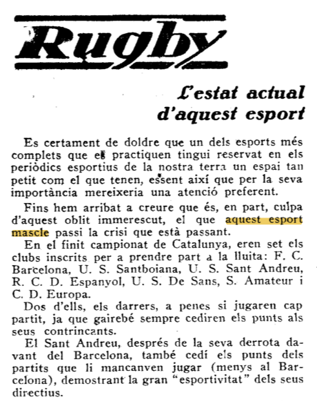mpc12341's tweet photo. 1/5
#TalDiaComAvui de 1926, la premsa catalana es preguntava pel futur del rugby. En un extens article titulat L'estat actual d'aquest esport, es denunciava la poca atenció que rebia un joc que els seus defensors consideraven un dels més complets i espectaculars del moment. https://t.co/EUKgXq60It
