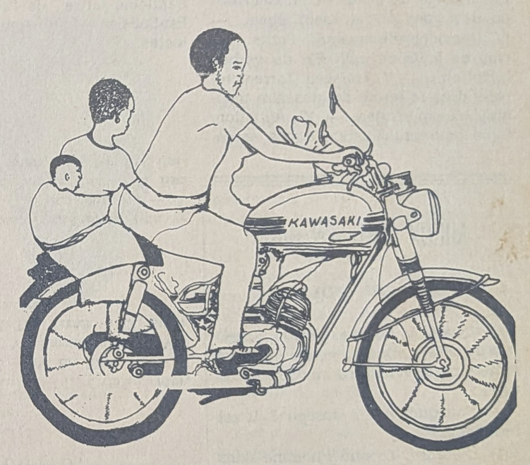 Tom_Courtright's tweet photo. A drawing of a zemidjan (boda boda) in a 1988 newspaper article in Cotonou https://t.co/Z26efOfqRg