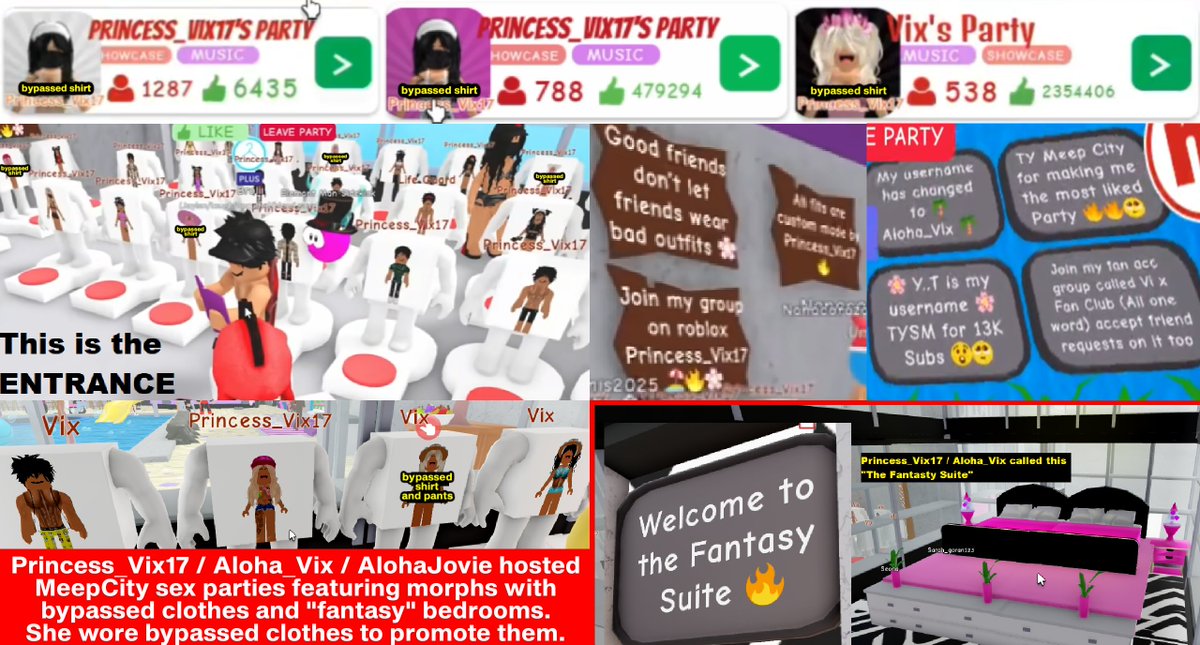 greenlegocats's tweet photo. Can't say I'm surprised infamous MeepCity condo party creator Aloha_Vix (userID 2308655124) is still around. The fact this person has been allowed to stay on Roblox for so long and grow a massive following is insane. Surely Roblox mods can see bypassed clothes in her inventory. https://t.co/p0siTqiHM0