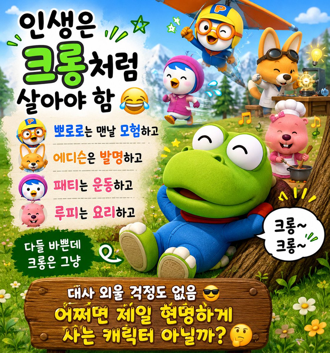 White4083's tweet photo. 인생은 크롱처럼 살아야 함 

뽀로로는 맨날 모험하고
에디슨은 발명하고
패티는 운동하고
루피는 요리하고

다들 바쁜데

크롱은 그냥
"크롱~ 크롱~"

대사 외울 걱정도 없음

어쩌면 제일 현명하게 사는 캐릭터 아닐까? https://t.co/OY9jFKR6EZ