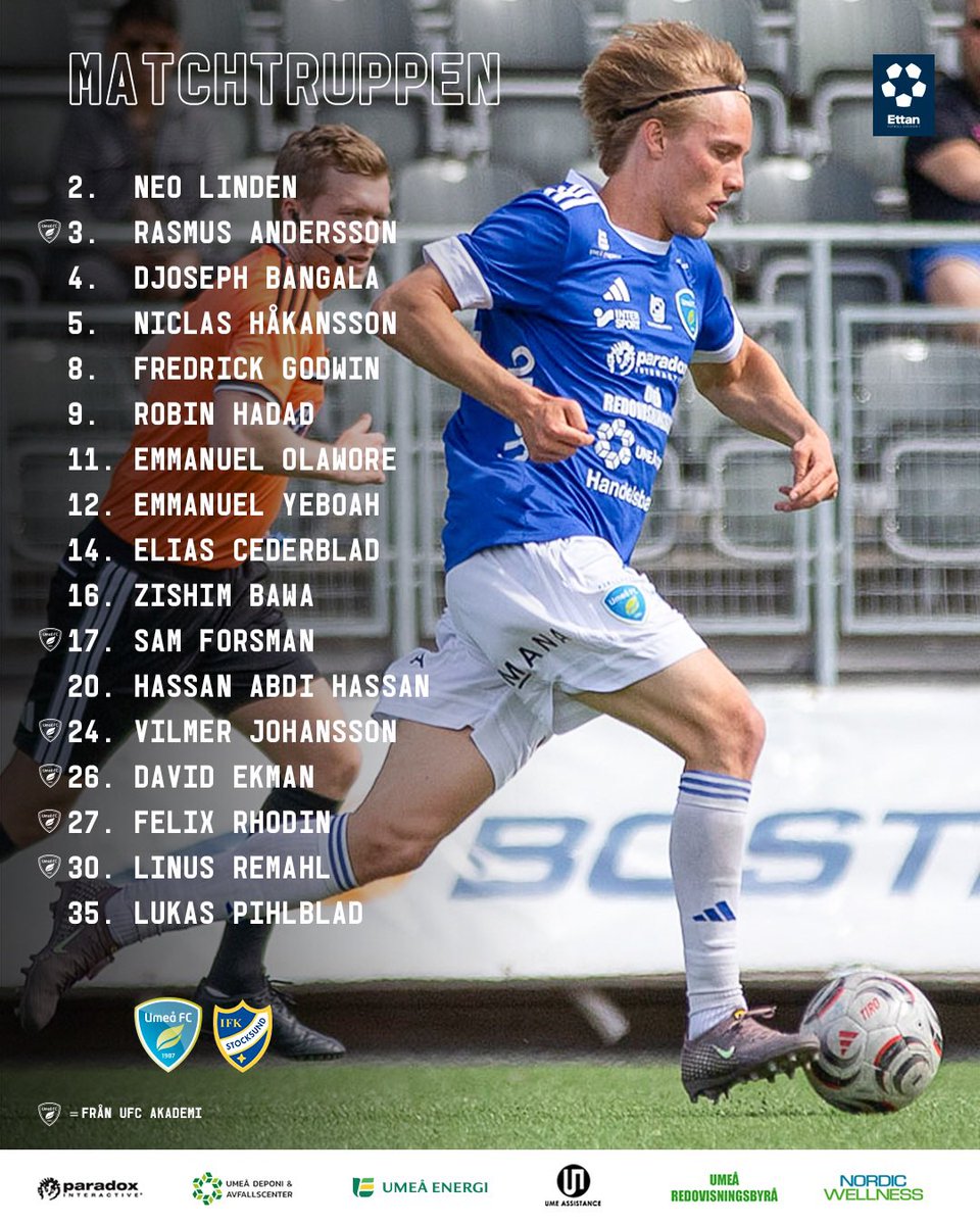 UmeaFC's tweet photo. 17-mannatruppen mot Stocksund 📋

🔹 Rasmus Andersson är tillbaka efter sin korsbandsskada.
🔹 Stefan Lindmark saknas pga en känning i låret.

#UFCIFKS #FörUmeå https://t.co/5rfIp1Qd8X