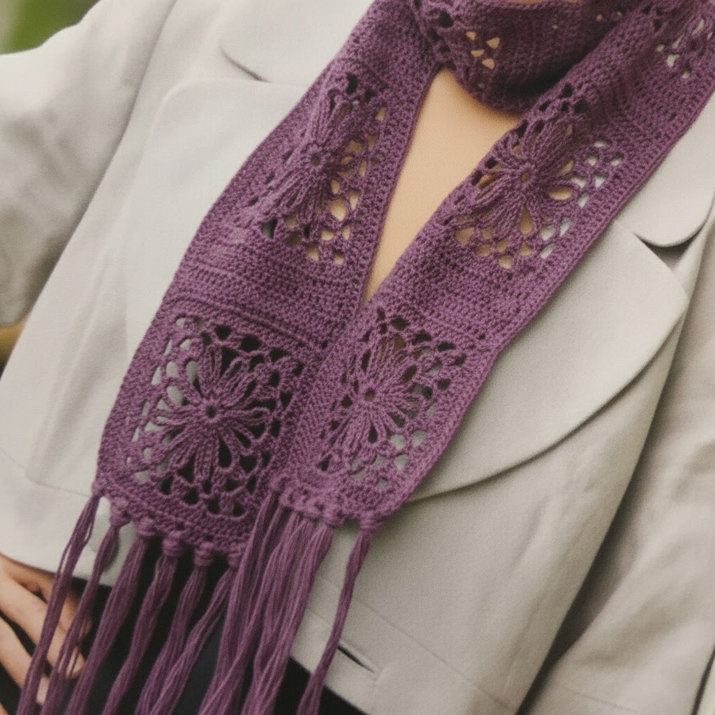 DDCrochetDesign's tweet photo. Delicate granny square lace motifs are joined to create a soft, elegant scarf you’ll love wearing. Light yet warm, it’s perfect to make for summer, simple and beautiful to wear every day 💜🧶

https://t.co/ws4Uczngss

#MHHSBD #craftbizparty #crafts #handmade #smartsocial #sundayfringe #UKGiftAM