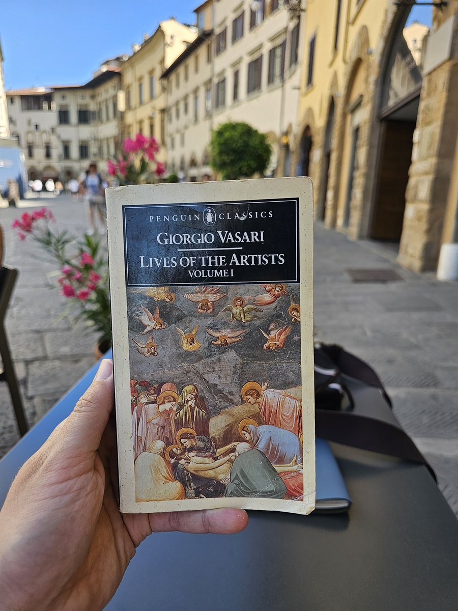 MaxRangeley's tweet photo. While at the New Direction event here in Florence, we were treated to a guided tour of the Gallerie dell'Accademia by a guide with impressive knowledge of the history of Western culture. 

I brought my copy of Vasari with me, here is how he writes about Michelangelo's David. https://t.co/OZRX2N4fZq