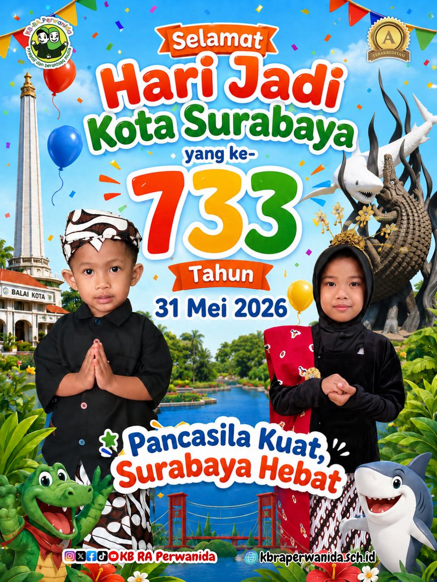 kbraperwanida's tweet photo. Selamat Hari Jadi Kota Surabaya ke-733🥳

Hari ini, kita bersama merayakan bertambahnya usia Kota Pahlawan yang kita cintai.

Dengan tema "Pancasila Kuat, Surabaya Hebat", mari kita tanamkan nilai" kebersamaan, gotong royong, saling menghormati &amp; cinta tanah air sejak usia dini. https://t.co/EG8HdPtuEG