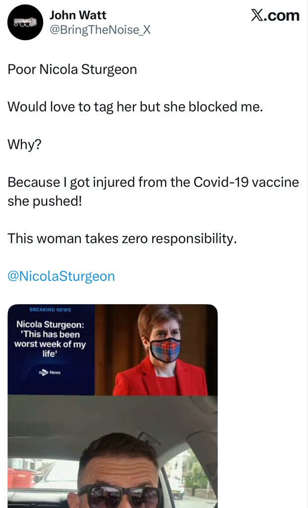 JG3528's tweet photo. @safepassageint @NicolaSturgeon Is that a wise choice? 
She presided over a culling of the Scottish people #JohnWatt #MakeSomeNoise #vaccineinjuries #CovidVaccines #pfizer #gbnews @gbnews @pfizer 
⬇️
https://t.co/OYonTpTWLz https://t.co/AcmDHHuXaE