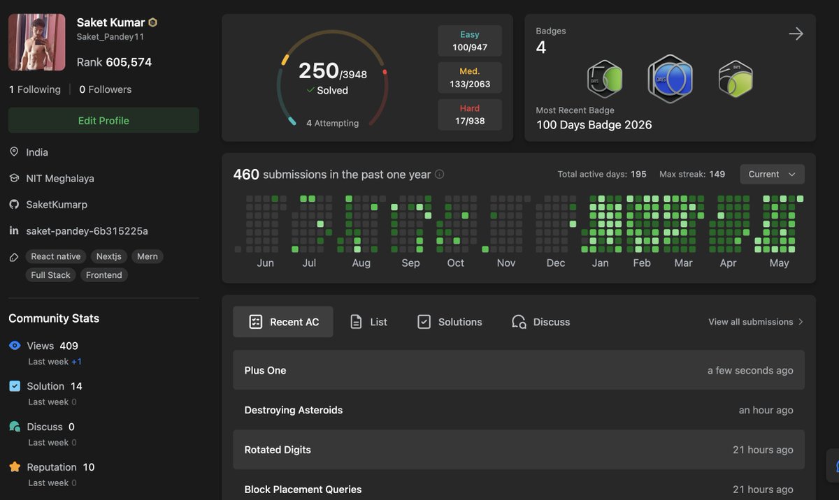 Saket_Pandey11's tweet photo. Just Completed 250 Questions on Leetcode ! honestly this performance is really underwhelming ...i will try to double down on it for rest of the months left in 2026 ...number of questions doesn't matter but ..it sure is a benchmark for introspection of progress
#leetcode #dsa https://t.co/26XwdU3nfV