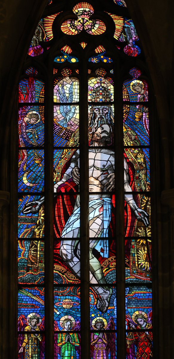 LawrenceOP's tweet photo. "For God so loved the world, that he gave his only begotten Son, that whoever believes in him should not perish but have eternal life. For God did not send his Son into the world to condemn the world, but in order that the world might be saved through him. Whoever believes in him is not condemned, but whoever does not believe is condemned already, because he has not believed in the name of the only begotten Son of God."
 – John 3:16-18, which is the Gospel for today's Solemnity of the Most Holy #Trinity.
https://t.co/nRnprcEeB8
📷 Stained glass window from St Vitus Cathedral, Prague.