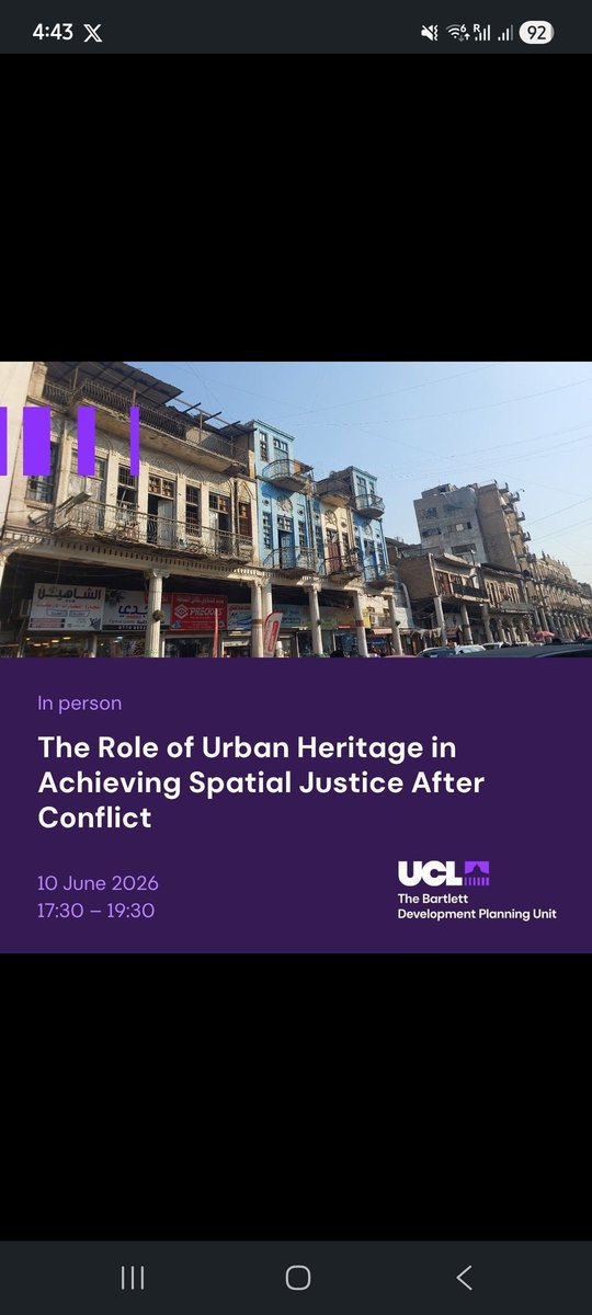 UlaMerie's tweet photo. Can urban heritage advance spatial justice in fragile, contested environments? Honoured to deliver this lecture at @dpu_ucl
Drawing on cases from Iraq to show how heritage led approaches can support equitable, dignified recovery
https://t.co/xCuLeRBZDv https://t.co/e8EbWU5oxV
