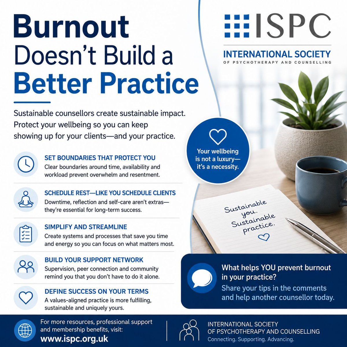 ISPCmembers's tweet photo. Burnout in private practice often starts with blurred boundaries, not one big event.

What's one thing you've done to protect your wellbeing as a counsellor?

Share below.

https://t.co/Z4wbDjrdNn

#Counselling #TherapistWellbeing https://t.co/jofdtEa16k