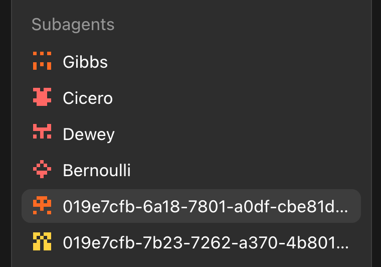 amvehas's tweet photo. @thsottiaux some time, subagents name show as uuid not the name 
 
honestly I think it's would be better if subgents show as short title of the goal of the subagents not the name. https://t.co/JdihkCsWcv