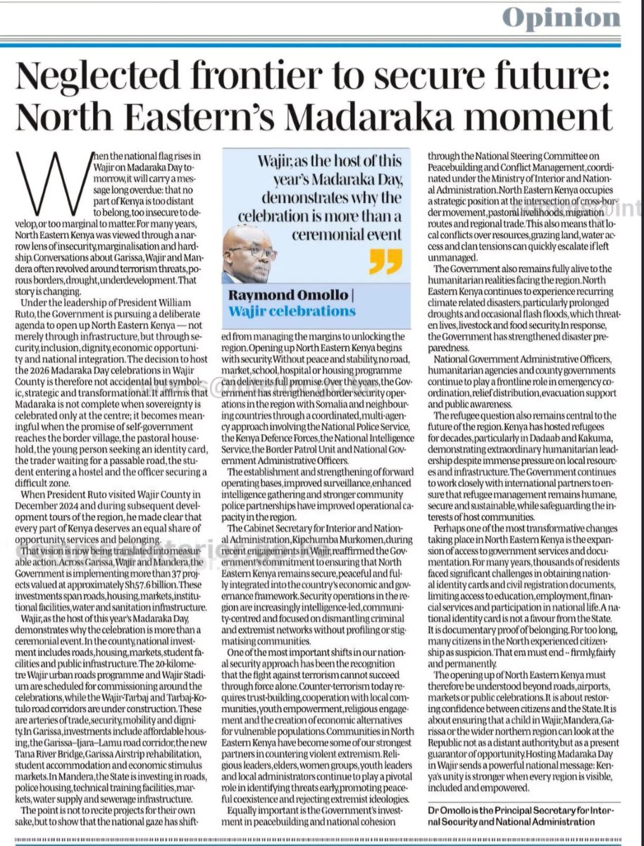 ray_omollo's tweet photo. The hosting of the 2026 Madaraka Day celebrations in Wajir County marks a significant shift in the national development agenda, spotlighting Northern Kenya's growing role in the country's future. 

The Government, under H.E. President @WilliamsRuto, is spearheading a deliberate investments in security, infrastructure, public services and economic opportunities aimed at addressing historical marginalisation, strengthening national cohesion and creating a more secure and prosperous region.