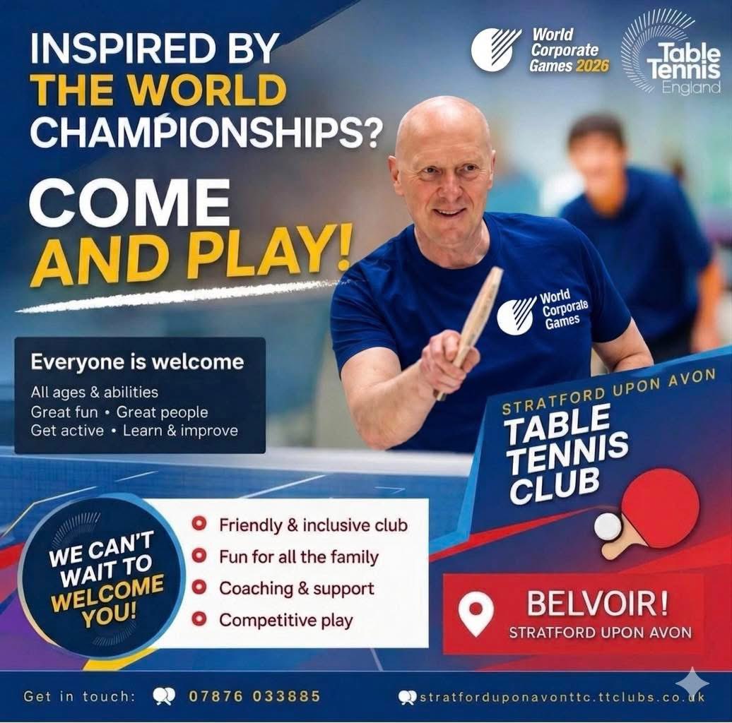UponClub's tweet photo. Inspired by the World Table Tennis Championships?

🏓 Why not pick up a bat and give table tennis a try with Stratford-upon-Avon Table Tennis Club? https://t.co/MmPtzKHkPU