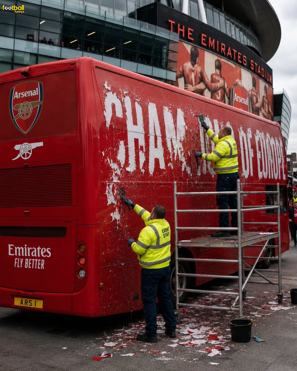FootballFunnys's tweet photo. 🚨 BREAKING: The Arsenal trophy parade today has been delayed by two hours as work frantically continues on the open top bus to remove 'Champions of Europe' https://t.co/CGiThcrLpl