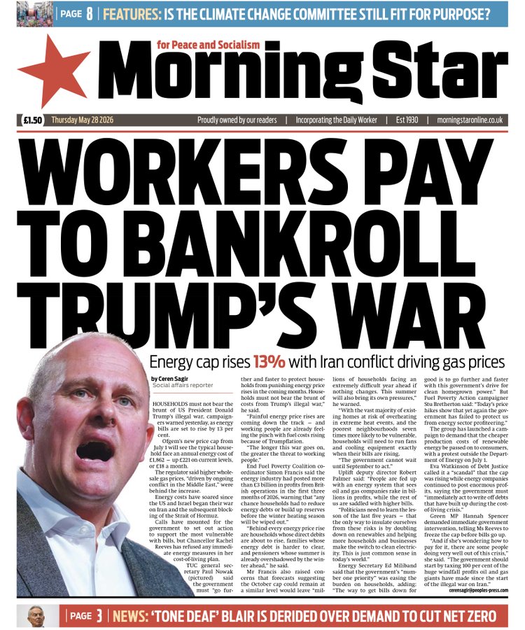 NoColdWar's tweet photo. Trump's war on Iran, most importantly, is severely impacting the lives of people in Iran.
The war is also harming the international economy and depriving people of essential supplies, particularly in the Global South.
The effects are less severe in the Global North, but living standards are being hit. In Britain there is increasing understanding that price rises are due to this war.
These are recent front pages from 2 British newspapers: 
the Independent which is a centre right neo-liberal paper; and 
the Morning Star which is a left wing working class paper.

It is vital to end Trump's war on Iran.
#HandsOffIran